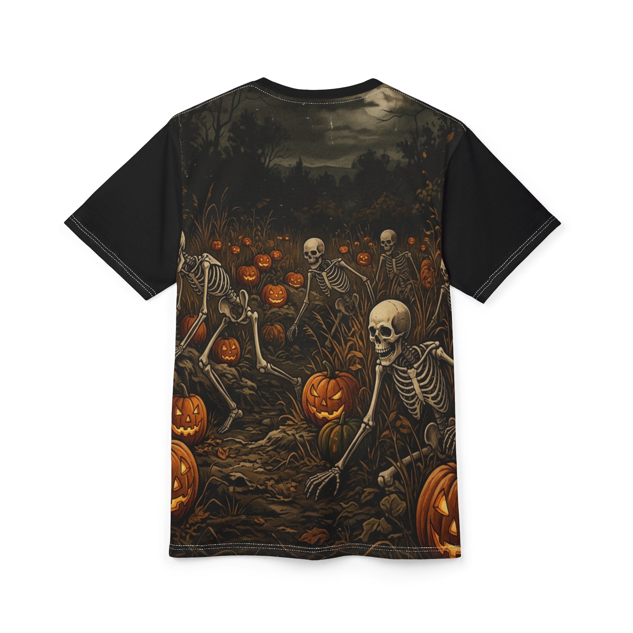 Halloween Skeleton Pumpkin Tee — Spooky Graveyard All-Over Print Shirt
