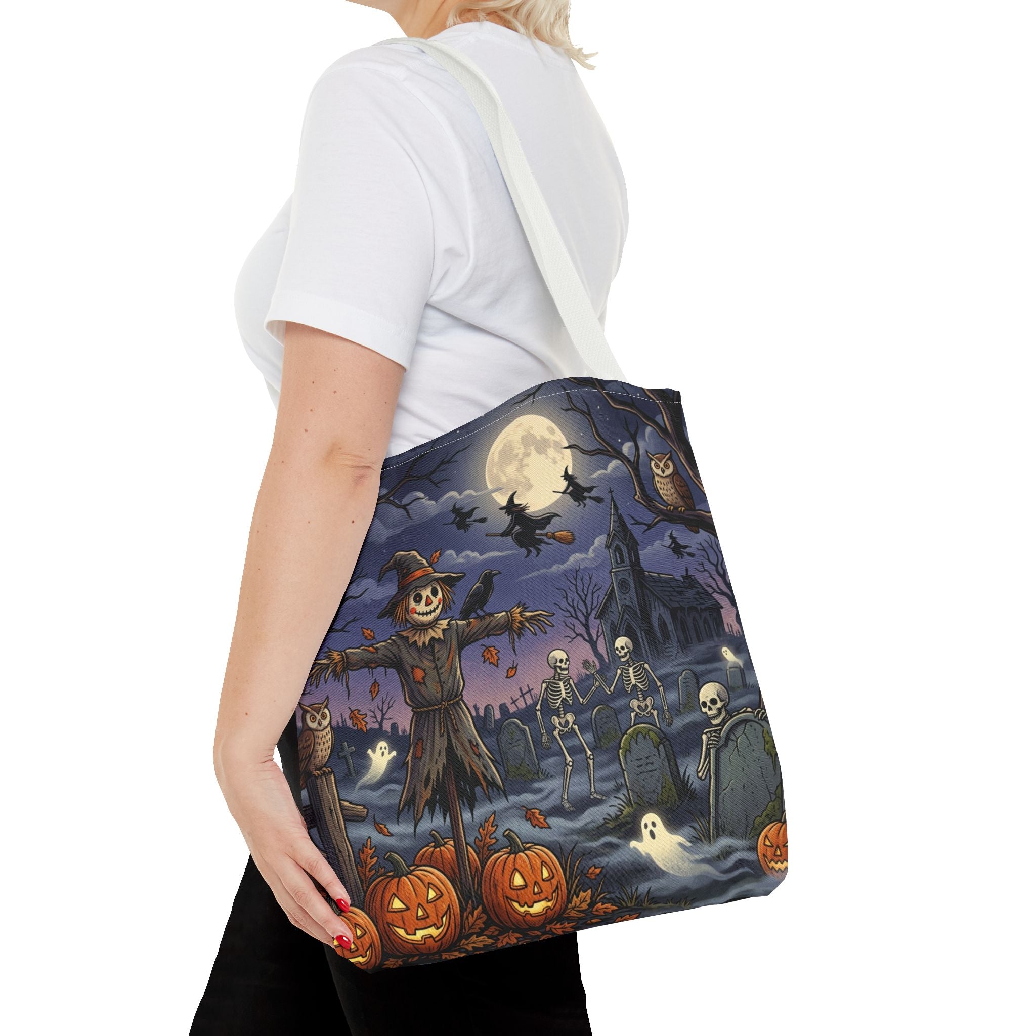 Halloween Haunted Night Tote Bag – Spooky Scarecrow & Skeletons All-Over Print