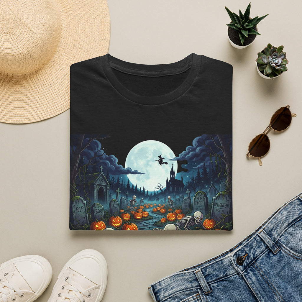 Halloween Pumpkin Patch T-Shirt — Haunted Moonlit Cemetery Graphic Tee