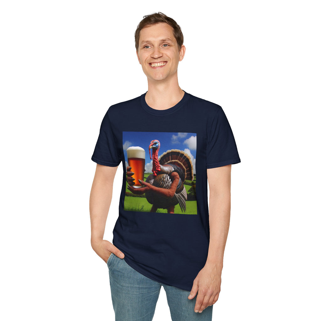 Thankful Turkey Beer T-Shirt — Funny Thanksgiving Turkey Holding Pint Tee