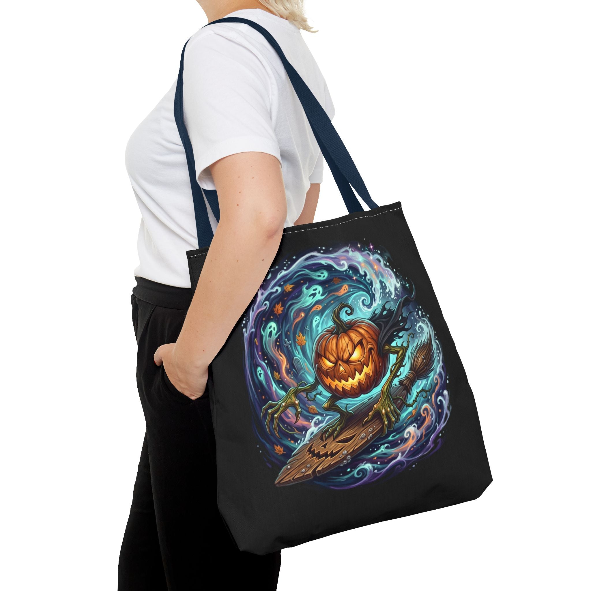 Halloween Surfing Pumpkin Tote Bag — Spooky Jack-o'-Lantern Beach Wave Tote