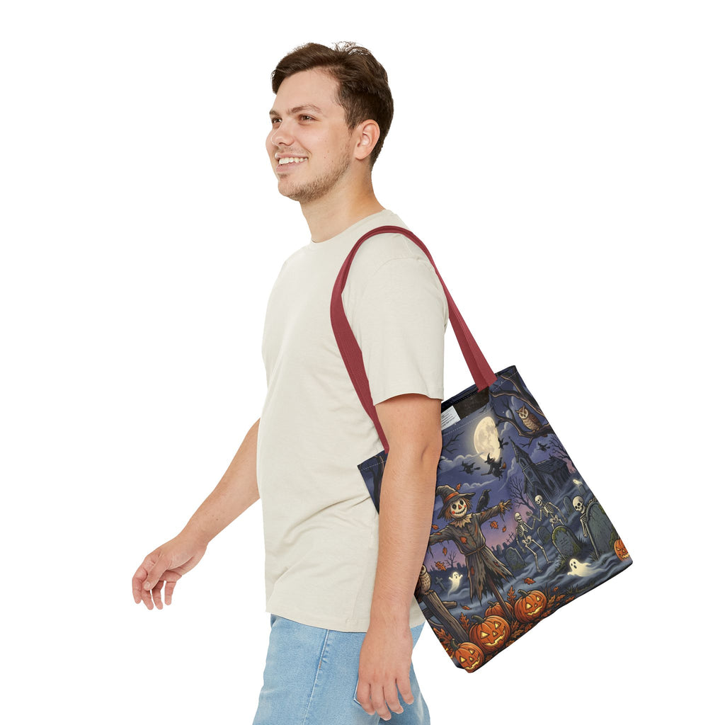 Halloween Haunted Night Tote Bag – Spooky Scarecrow & Skeletons All-Over Print