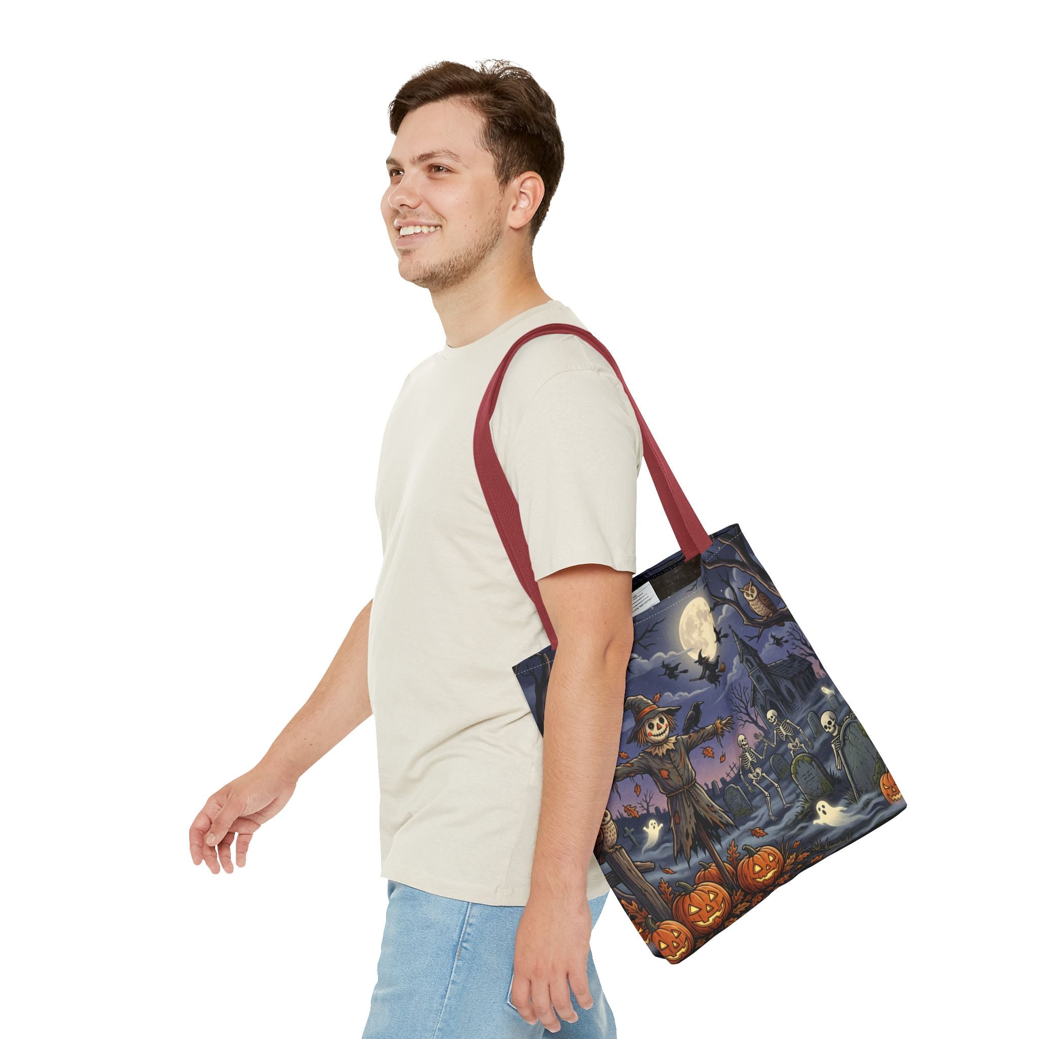 Halloween Haunted Night Tote Bag – Spooky Scarecrow & Skeletons All-Over Print