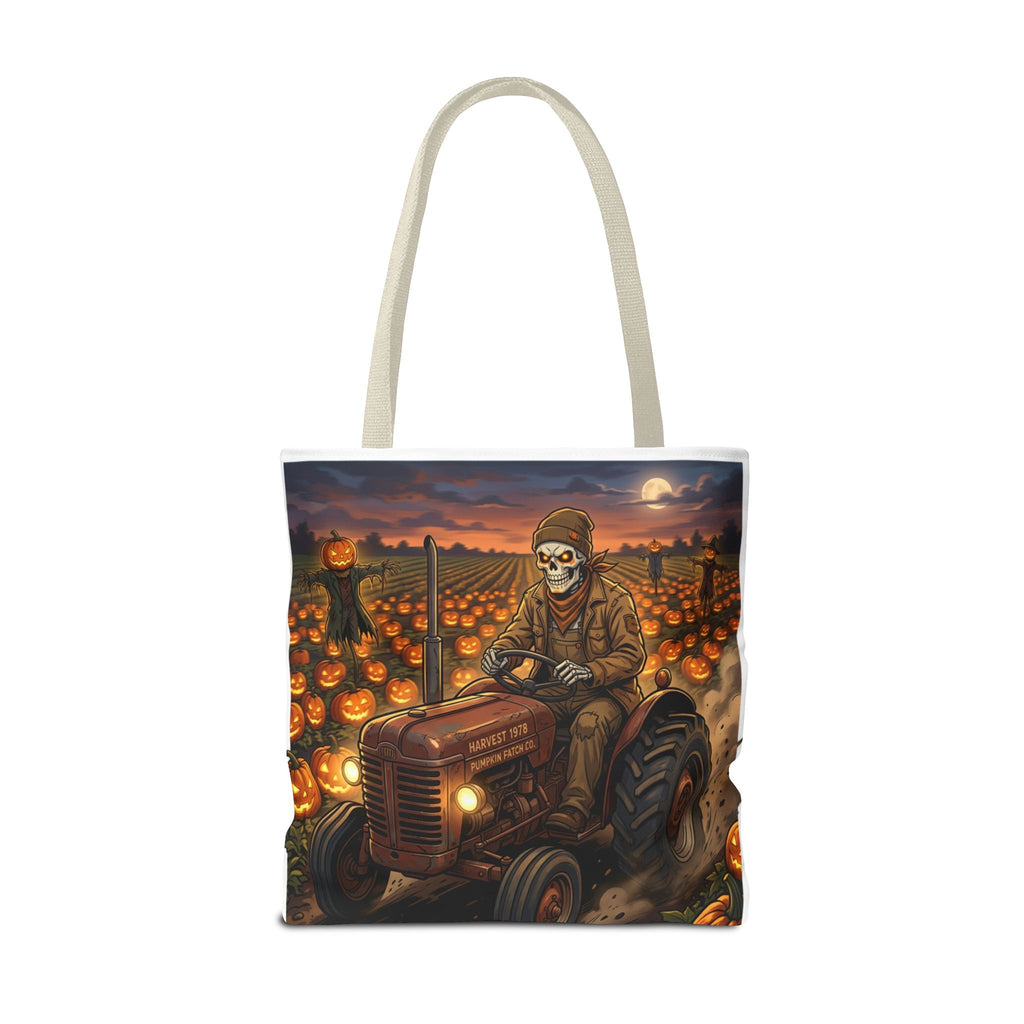 Halloween Pumpkin Field Tote — Skeletal Farmer on Tractor AOP Tote Bag