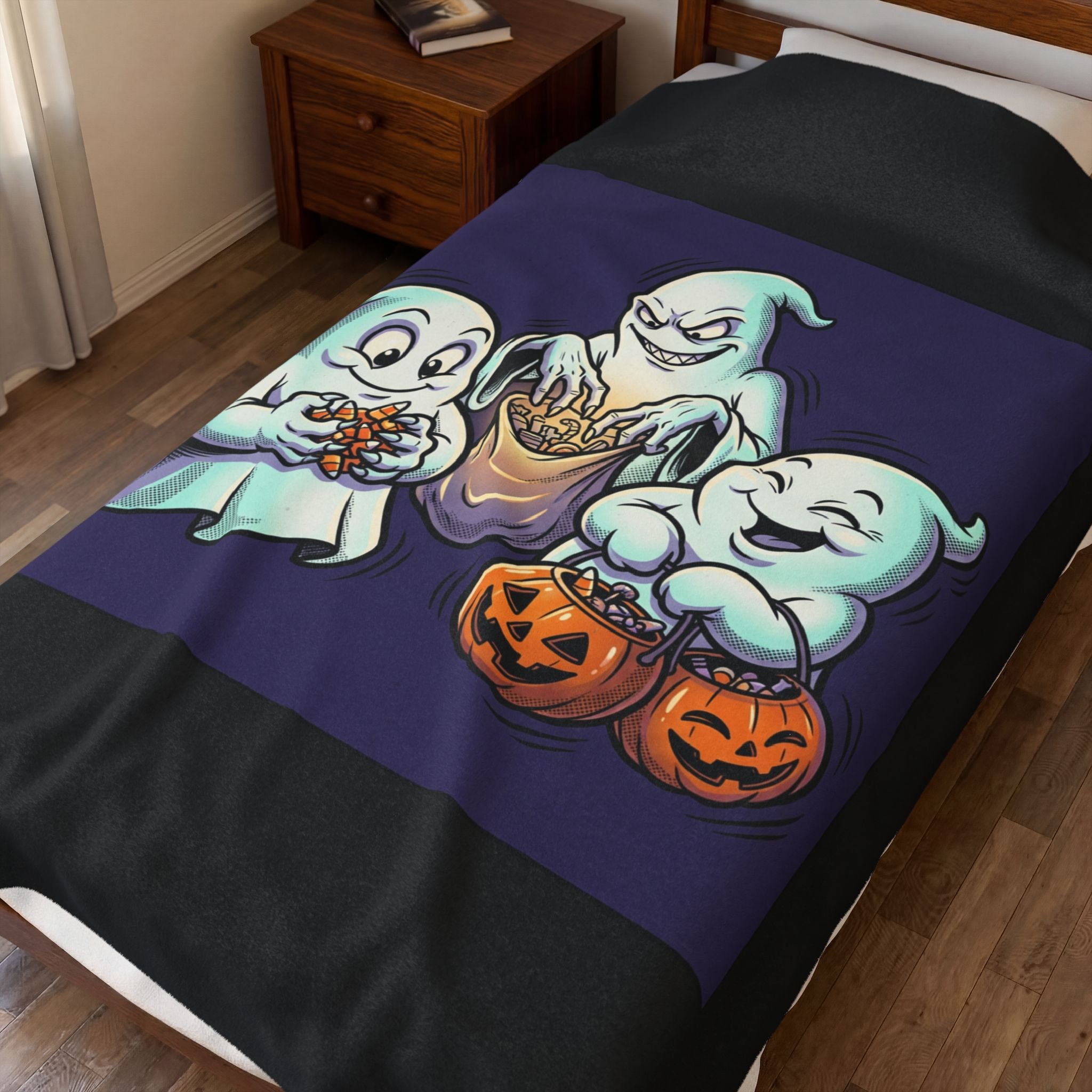 Three Ghosts Trick-or-Treat Halloween Velveteen Plush Blanket
