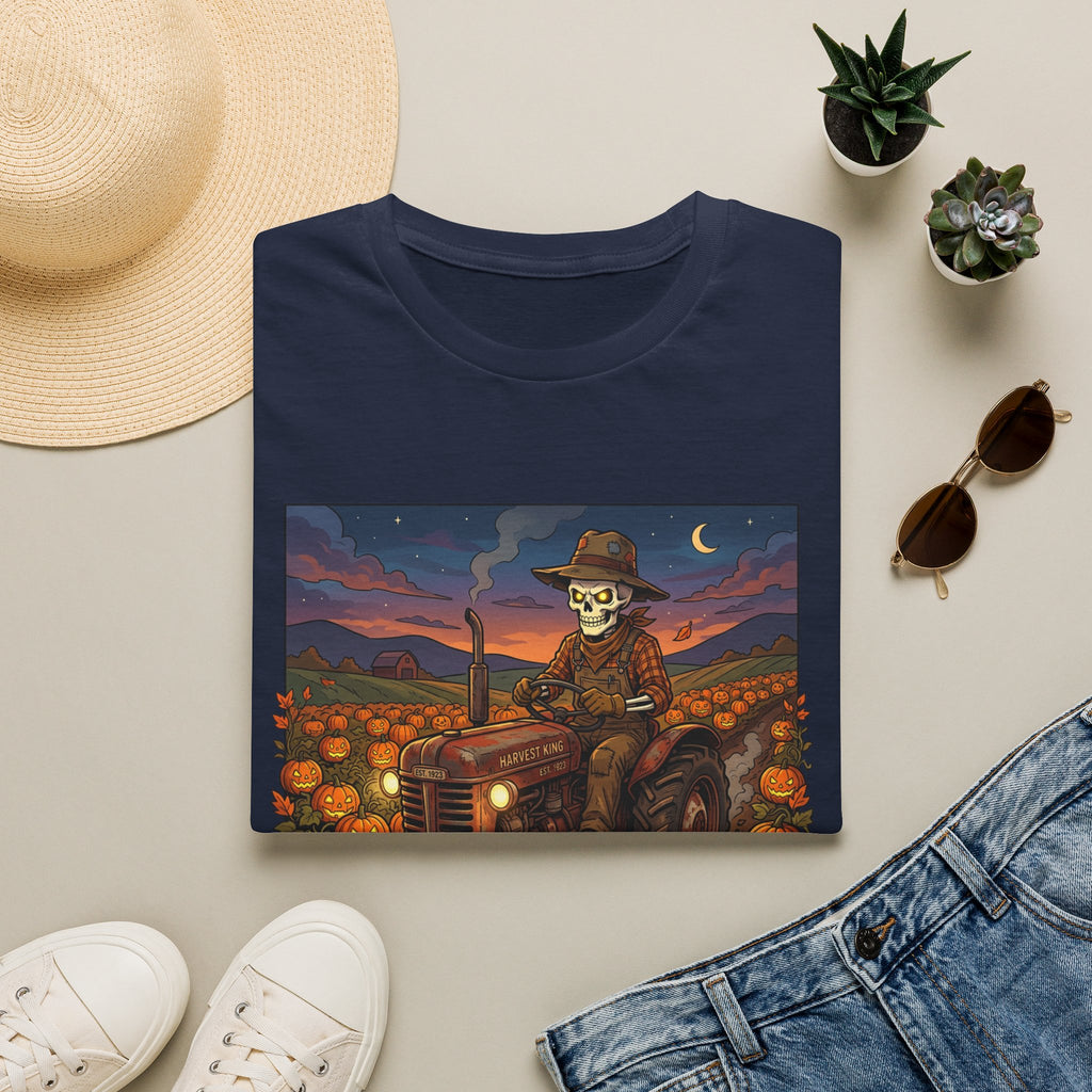 Halloween Pumpkin Farm T‑Shirt — Skeleton Farmer on Tractor Design
