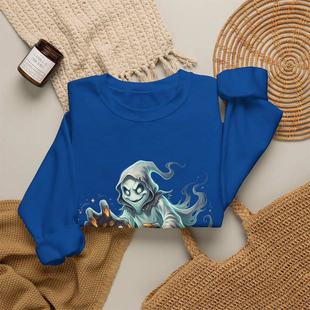 Treasure Ghost Halloween Crewneck Sweatshirt — Hooded Specter with Glowing Candy
