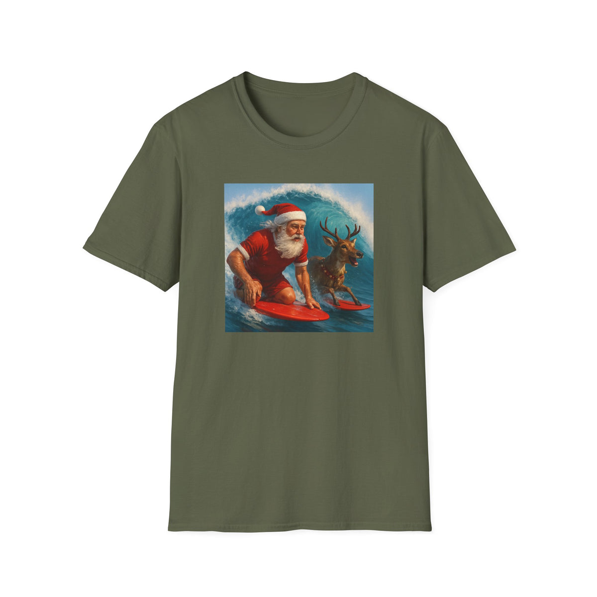 Santa Surfing T-Shirt — Retro Santa and Reindeer Surf Holiday Tee
