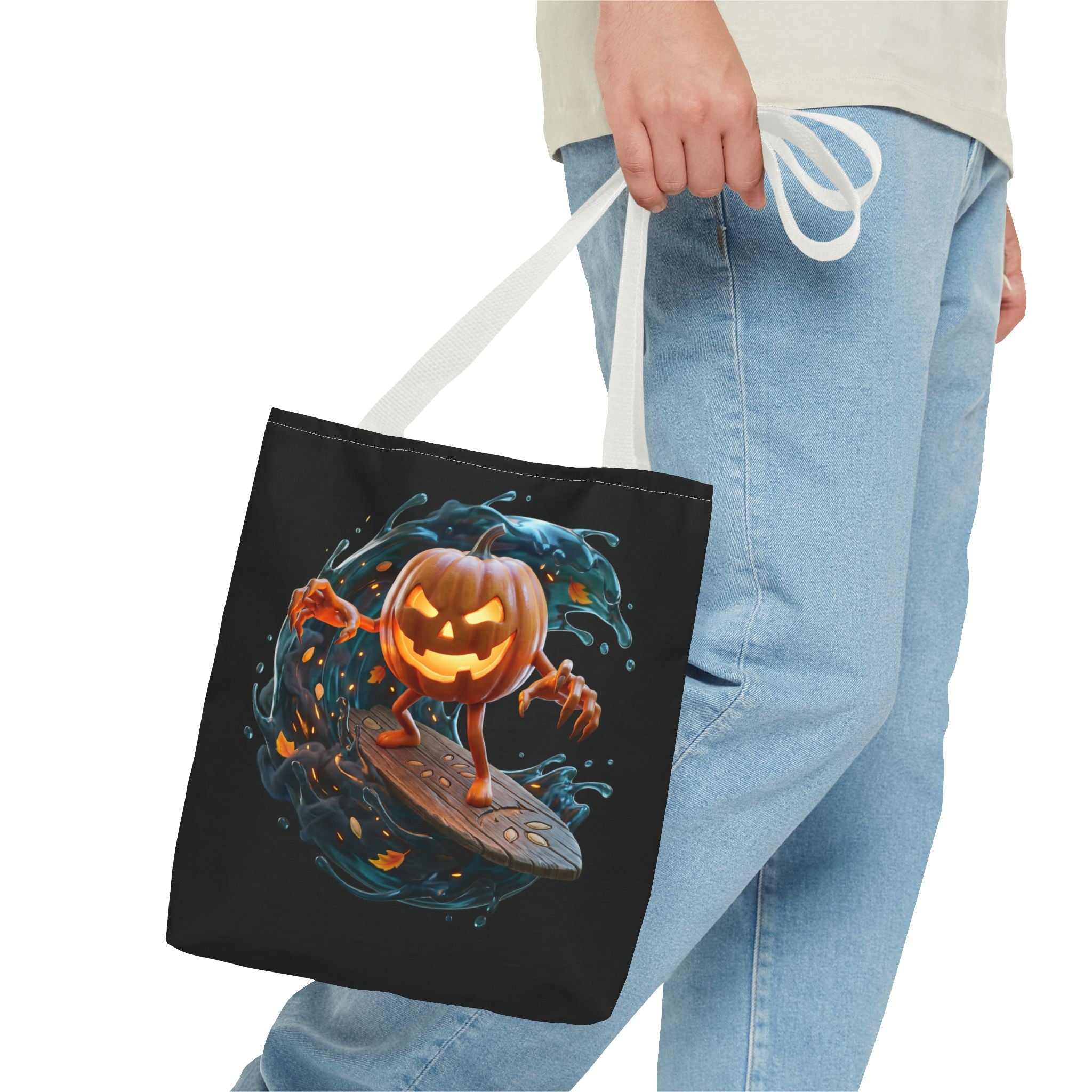 Halloween Pumpkin Surf Tote Bag — Spooky Jack-O'-Lantern Surfing Beach Tote