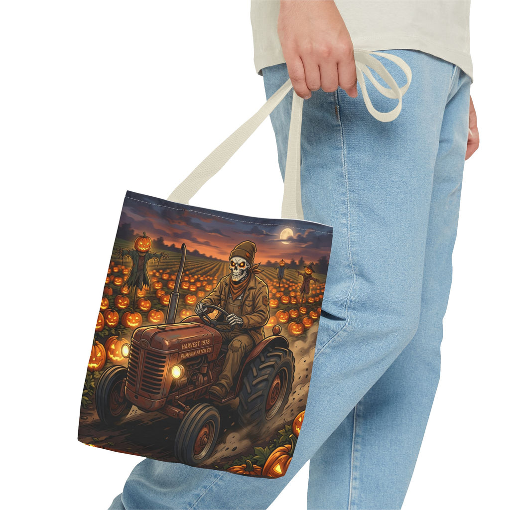 Halloween Pumpkin Field Tote — Skeletal Farmer on Tractor AOP Tote Bag