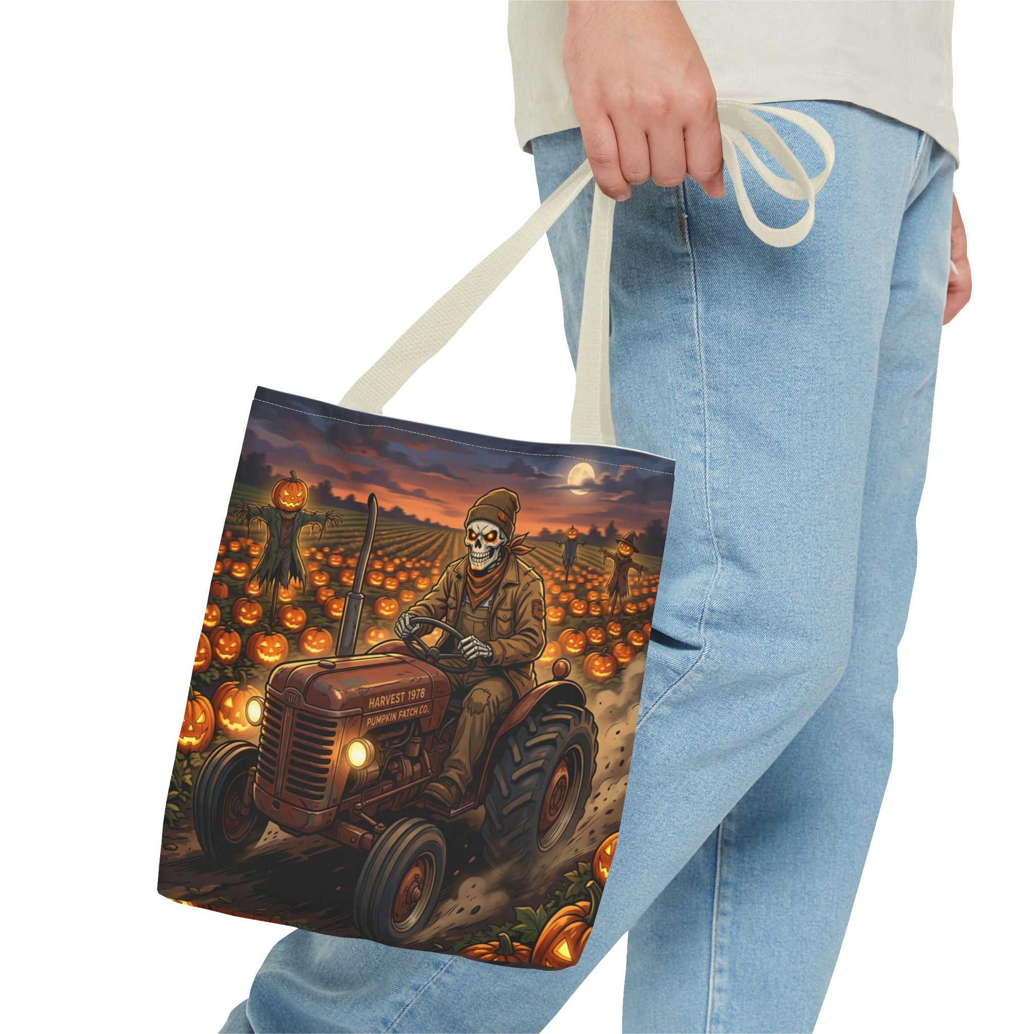 Halloween Pumpkin Field Tote — Skeletal Farmer on Tractor AOP Tote Bag
