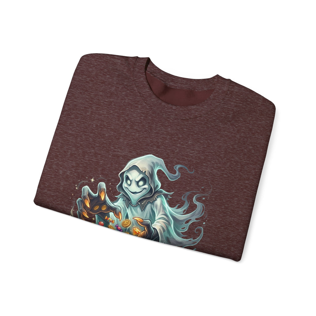Treasure Ghost Halloween Crewneck Sweatshirt — Hooded Specter with Glowing Candy