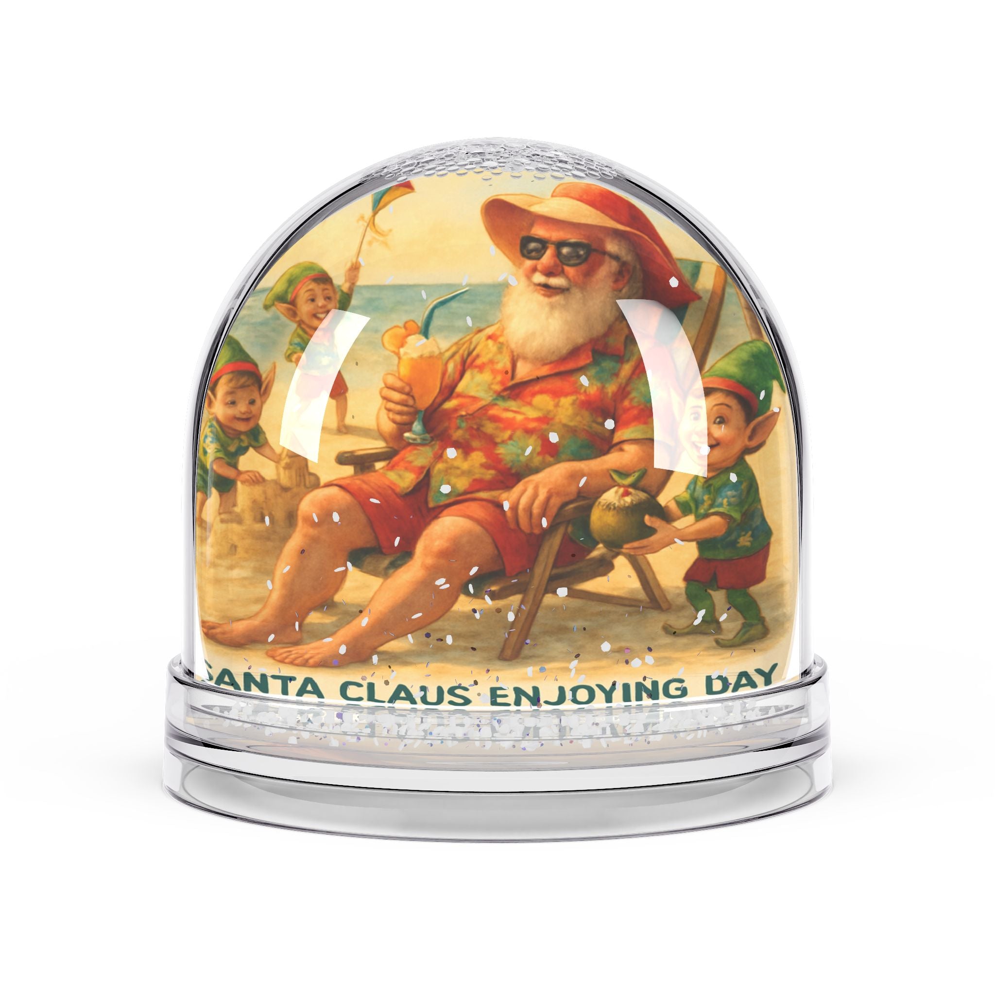 Santa on Vacation Snow Globe — Vintage Beach Holiday Decor