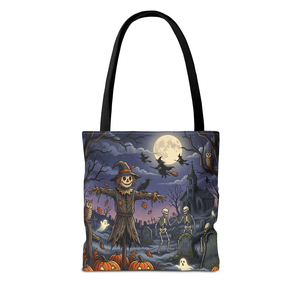 Halloween Haunted Night Tote Bag – Spooky Scarecrow & Skeletons All-Over Print