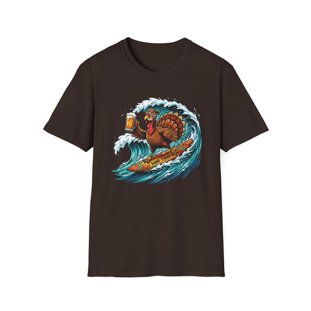 Turkey Surfing With Beer T-Shirt — Funny Thanksgiving Surfboard Tee