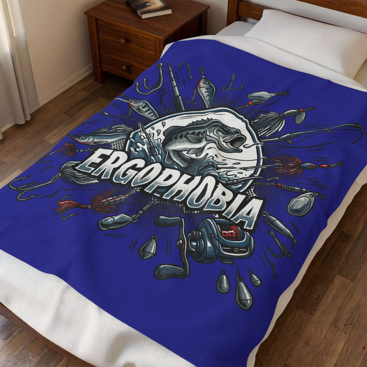 Fishing Graphic Velveteen Plush Blanket – “ERGOPHOBIA” Bass Design