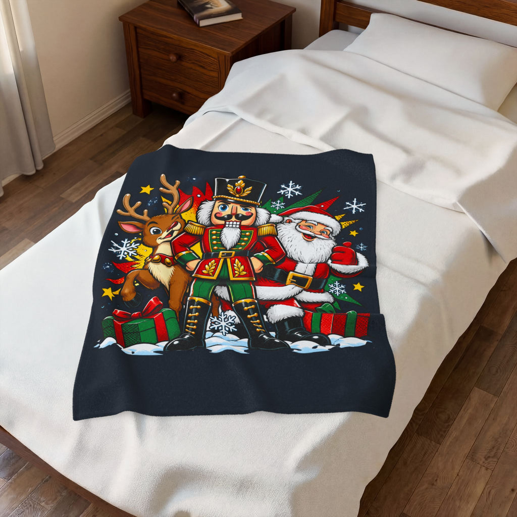 Christmas Nutcracker, Santa & Reindeer Velveteen Plush Blanket