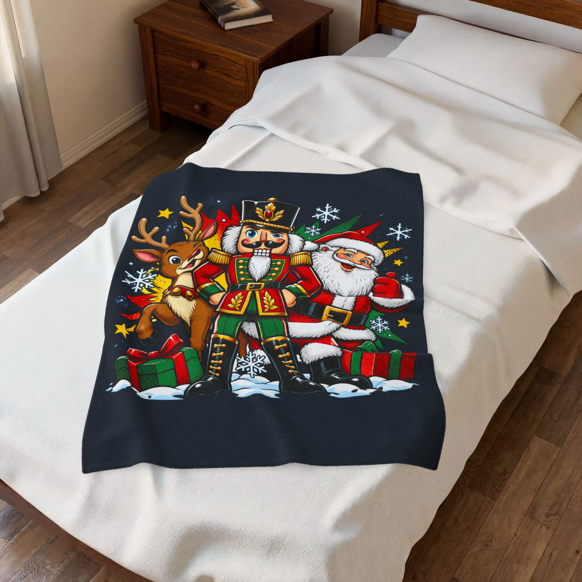 Christmas Nutcracker, Santa & Reindeer Velveteen Plush Blanket