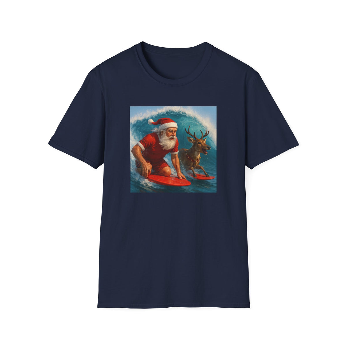 Santa Surfing T-Shirt — Retro Santa and Reindeer Surf Holiday Tee