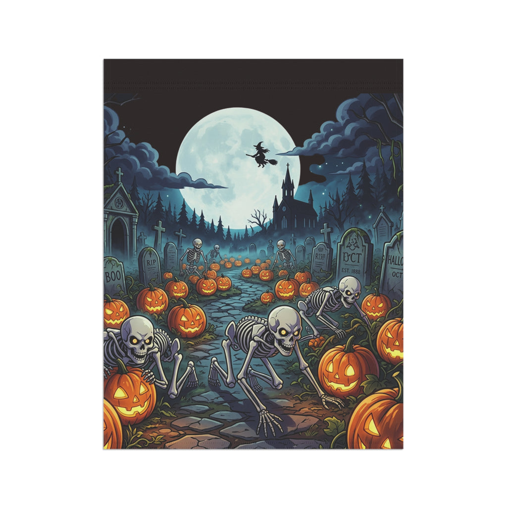 Halloween Skeleton & Jack-O'-Lantern Garden Flag — Spooky Moonlit Cemetery Yard Banner