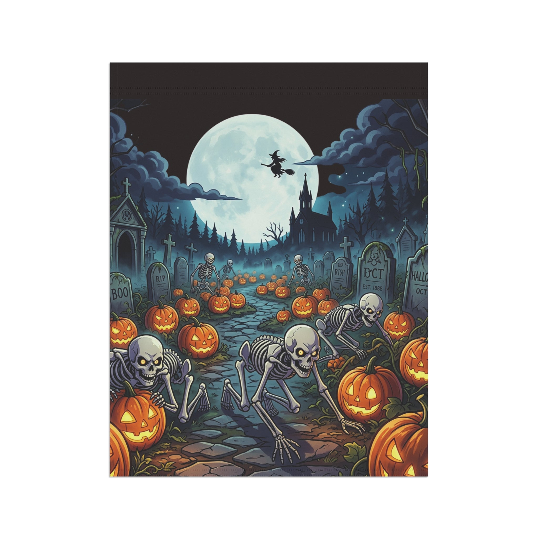 Halloween Skeleton & Jack-O'-Lantern Garden Flag — Spooky Moonlit Cemetery Yard Banner