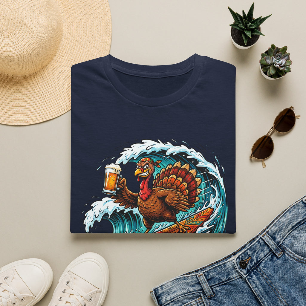 Turkey Surfing With Beer T-Shirt — Funny Thanksgiving Surfboard Tee