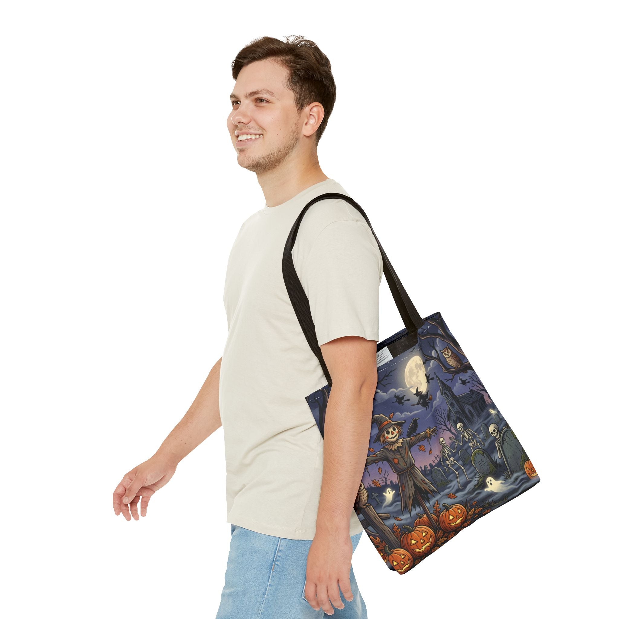 Halloween Haunted Night Tote Bag – Spooky Scarecrow & Skeletons All-Over Print