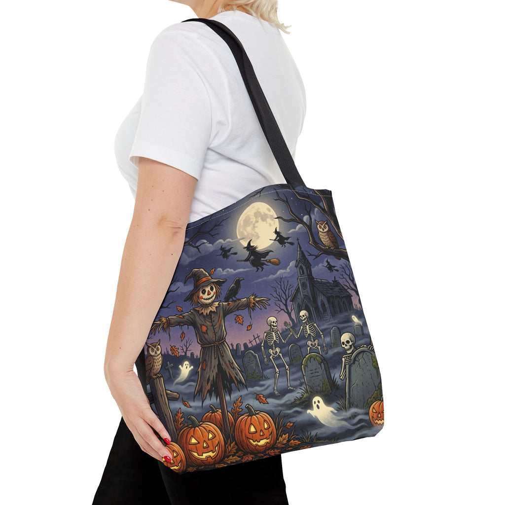 Halloween Haunted Night Tote Bag – Spooky Scarecrow & Skeletons All-Over Print