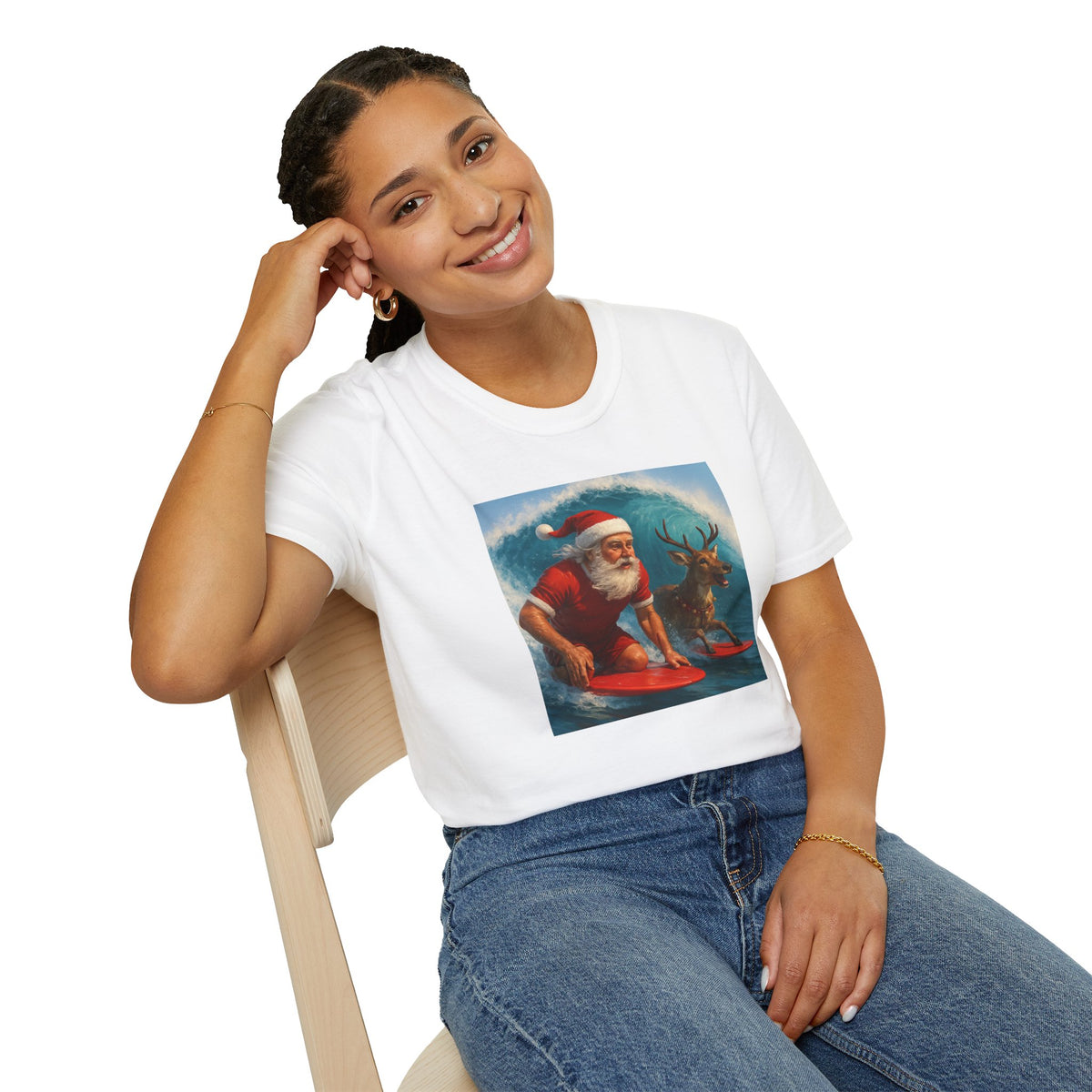 Santa Surfing T-Shirt — Retro Santa and Reindeer Surf Holiday Tee