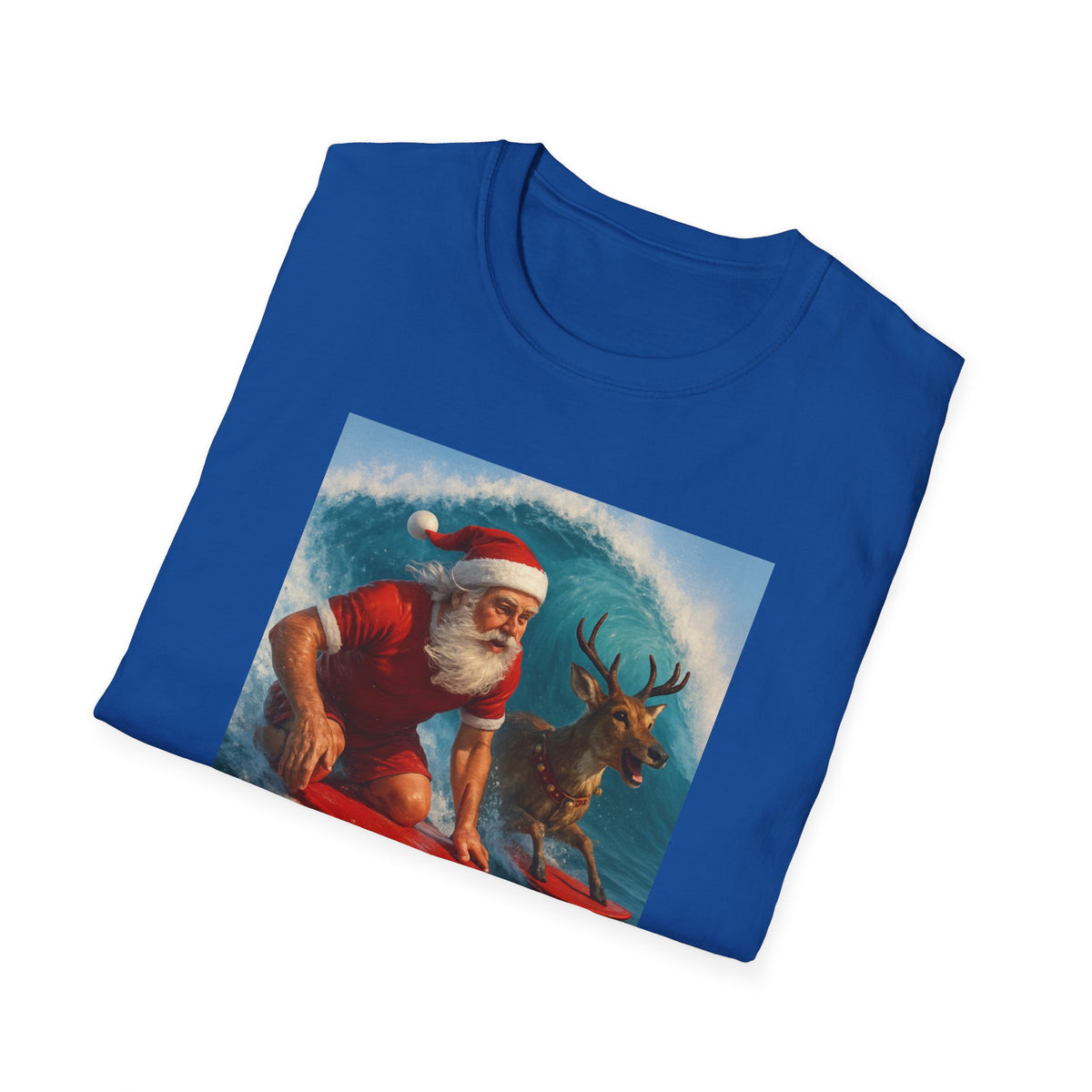 Santa Surfing T-Shirt — Retro Santa and Reindeer Surf Holiday Tee
