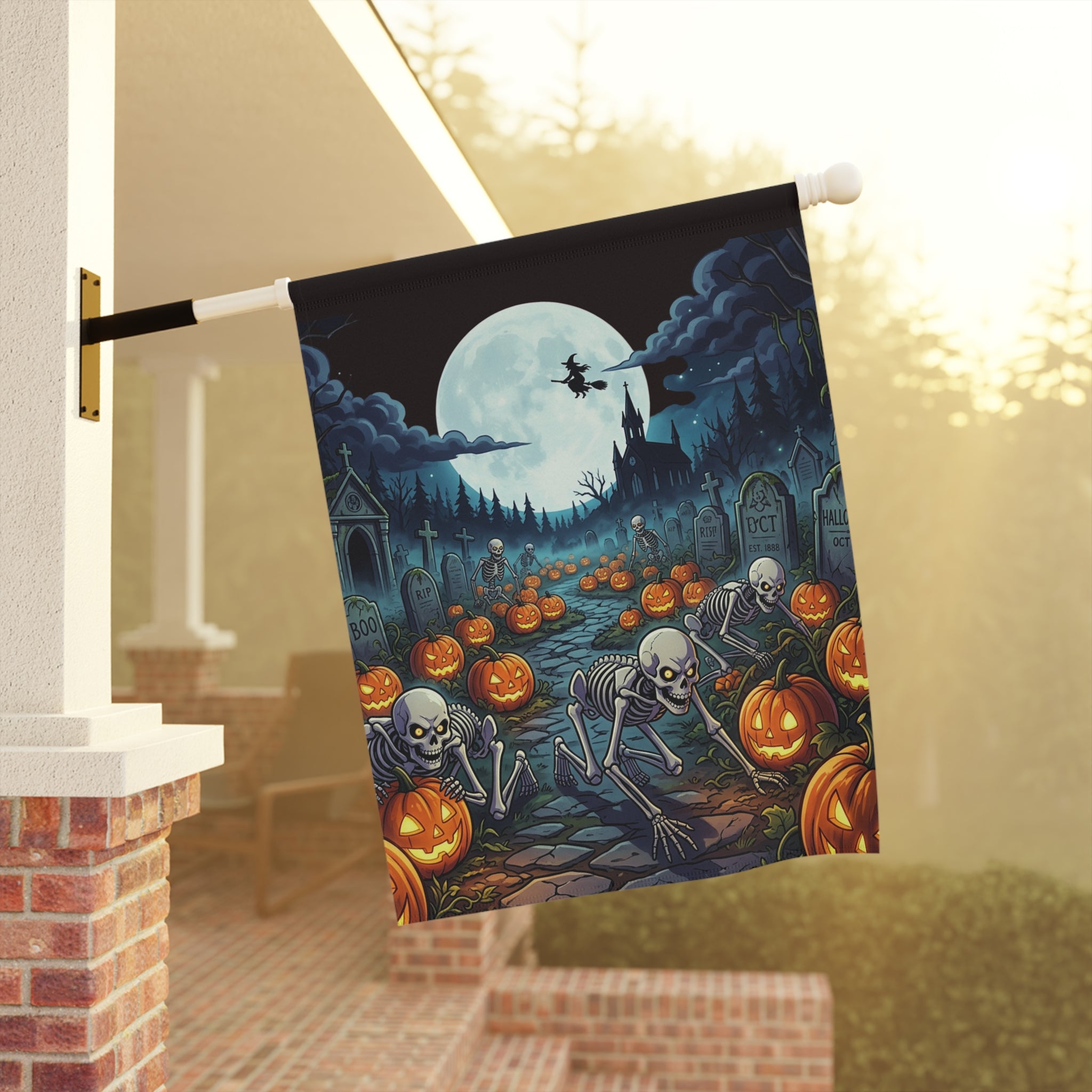 Halloween Skeleton & Jack-O'-Lantern Garden Flag — Spooky Moonlit Cemetery Yard Banner