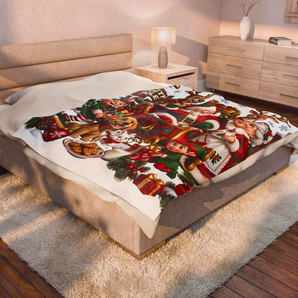 North Pole Christmas Santa & Reindeer Velveteen Plush Blanket