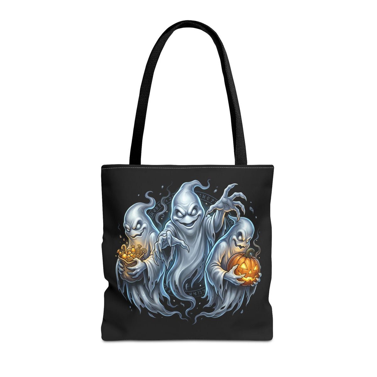 Halloween Ghost Trio Tote Bag — Spooky Pumpkin Trick-or-Treat AOP Tote