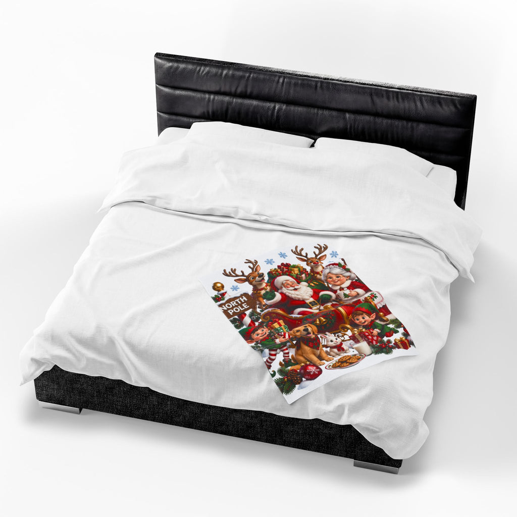 North Pole Christmas Santa & Reindeer Velveteen Plush Blanket