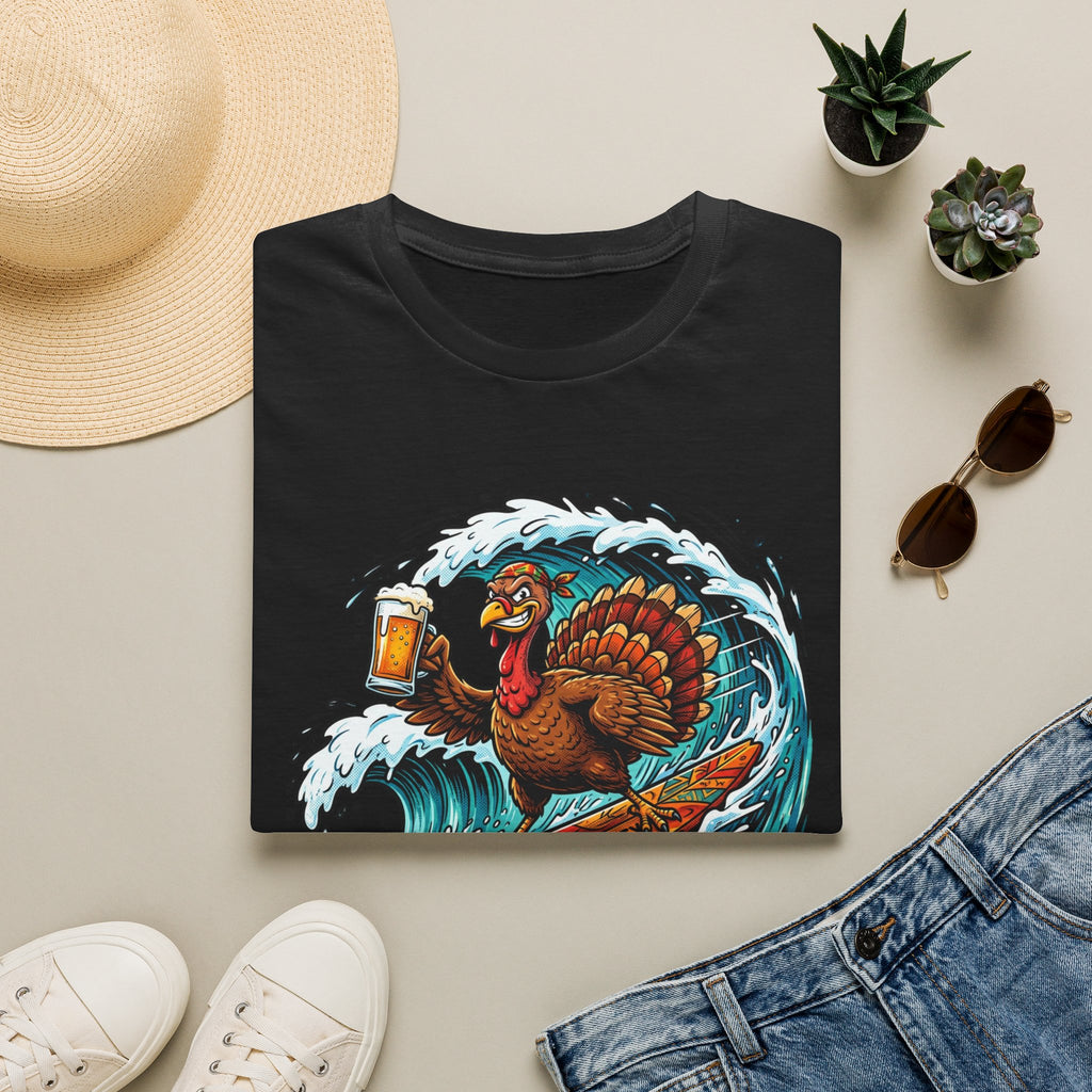 Turkey Surfing With Beer T-Shirt — Funny Thanksgiving Surfboard Tee