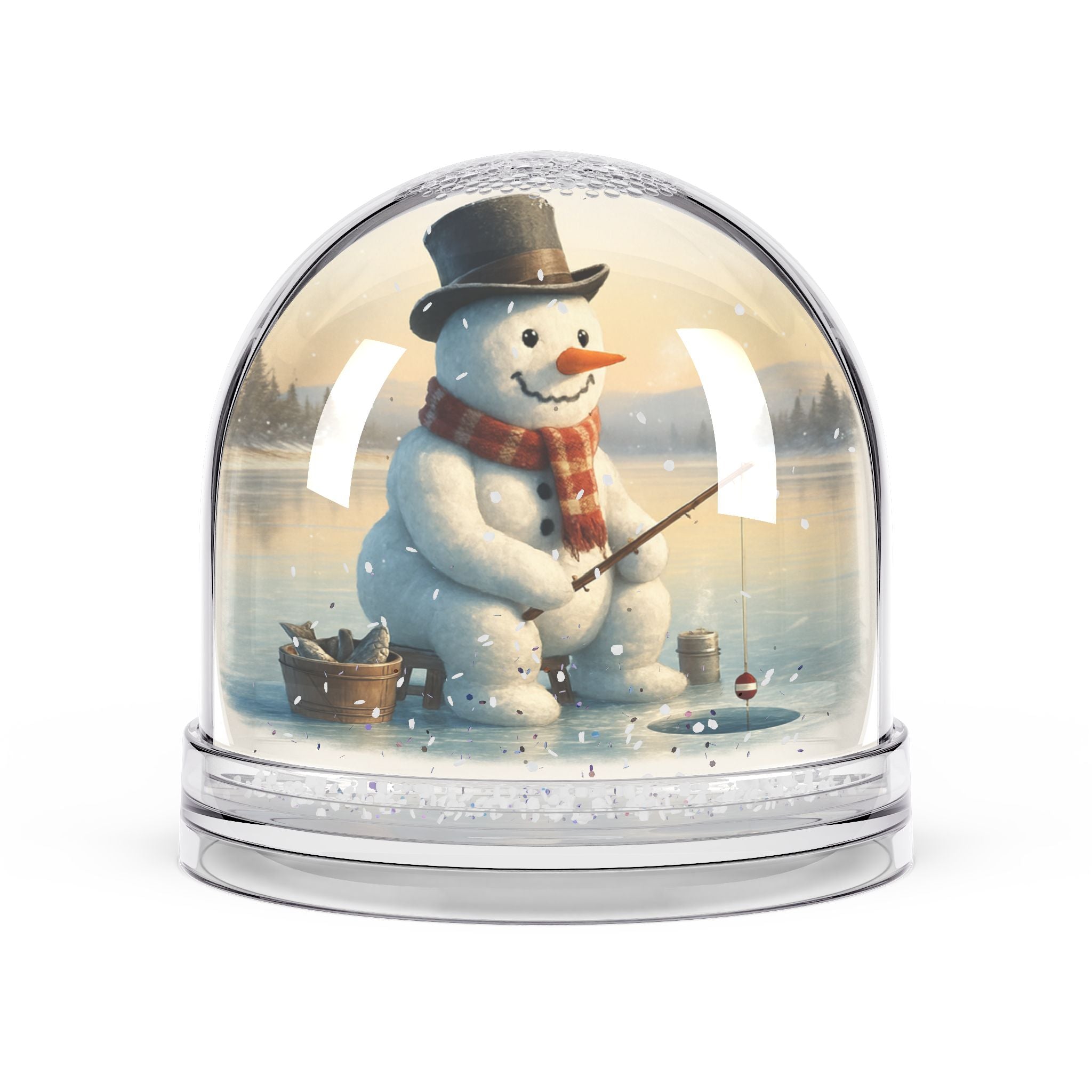 Snowman Fishing Snow Globe — Vintage Holiday Winter Decor