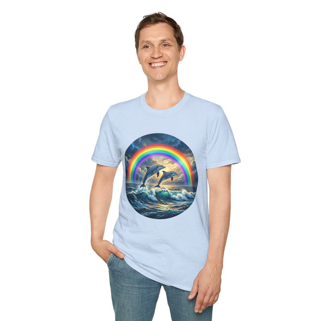 Dolphin Rainbow Wave T-Shirt — Ocean Sunset Graphic Tee