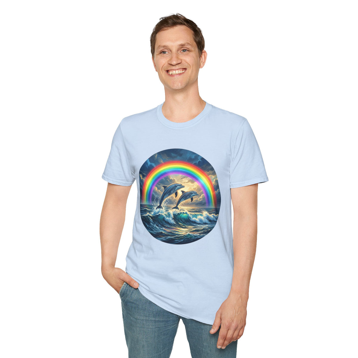 Dolphin Rainbow Wave T-Shirt — Ocean Sunset Graphic Tee