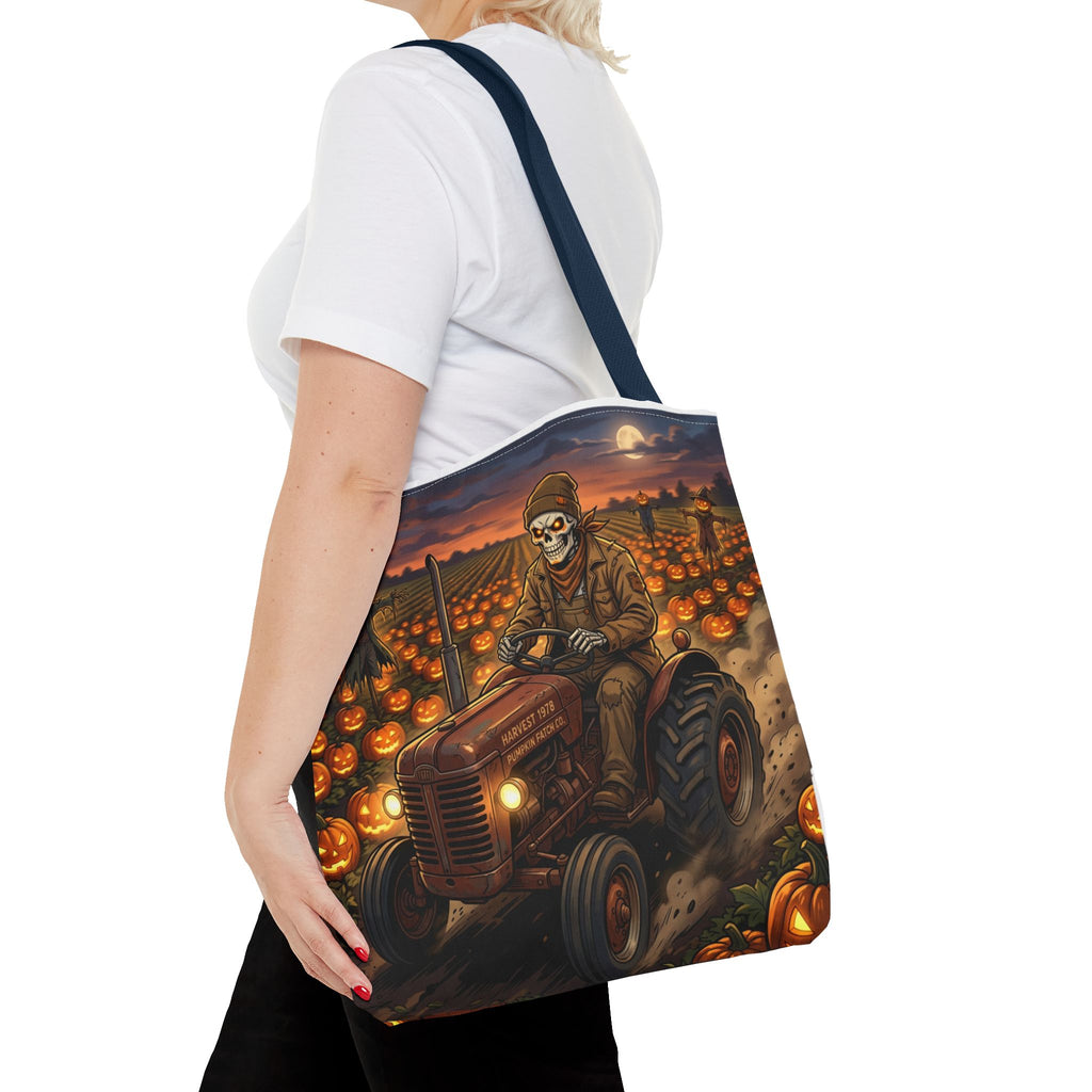 Halloween Pumpkin Field Tote — Skeletal Farmer on Tractor AOP Tote Bag