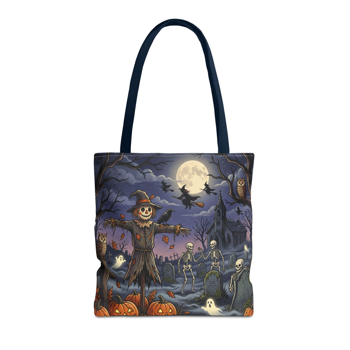 Halloween Haunted Night Tote Bag – Spooky Scarecrow & Skeletons All-Over Print