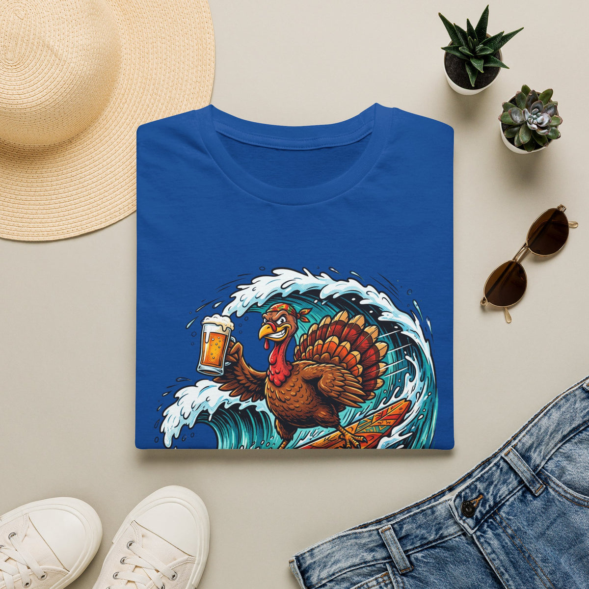 Turkey Surfing With Beer T-Shirt — Funny Thanksgiving Surfboard Tee