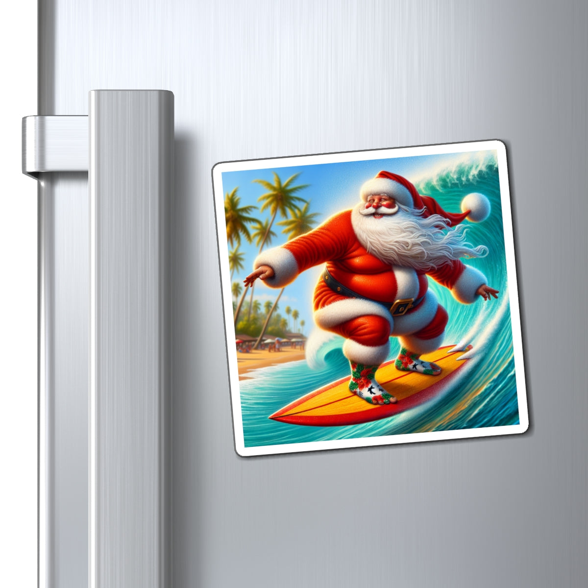 Surfing Santa Refrigerator Magnet — Holiday Tropical Christmas Décor