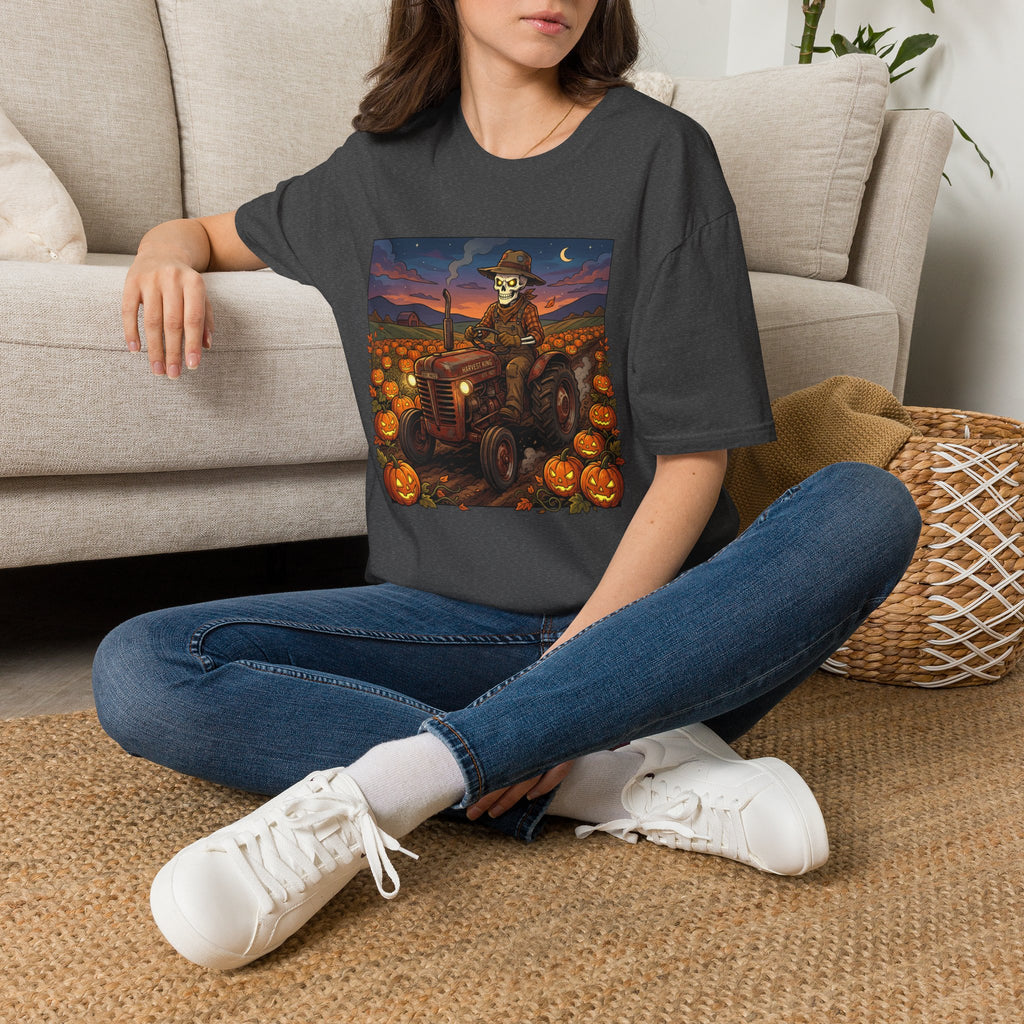 Halloween Pumpkin Farm T‑Shirt — Skeleton Farmer on Tractor Design
